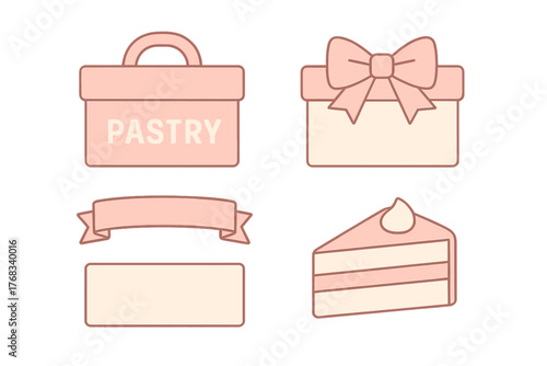 Minimalist set of confectionery elements featuring a cake slice gift box and pastry container