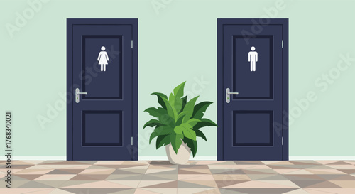Two dark blue doors with gender symbols stand open, with a potted plant in the middle.