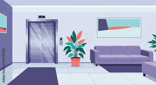 Modern elevator lobby with a purple sofa, potted plant, and abstract art.