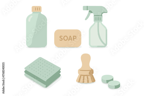 Set of essential cleaning products and tools for home hygiene and sanitation in soft pastel tones