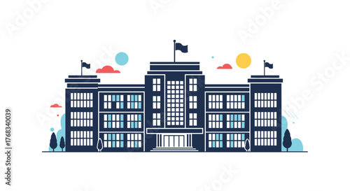 Flat illustration of a stylized dark blue school building with flags and trees.