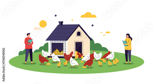 Two people in a farmyard with chickens and chicks gathered around a coop under a sunny sky.