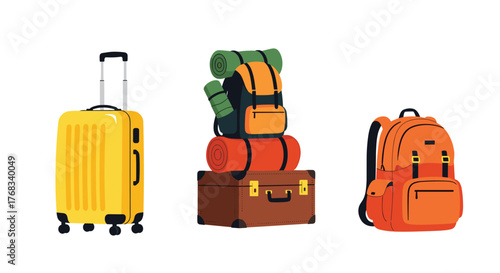 Collection of travel luggage including a yellow suitcase, stacked backpacks with sleeping mats, and an orange backpack.