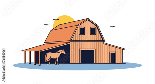 A stylized illustration of a barn with a horse under a covered porch, set against a blue ground and a yellow sun.