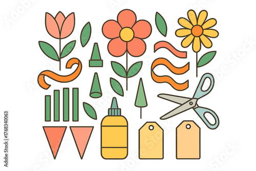 Colorful crafting supplies set including flowers ribbons scissors and glue elements