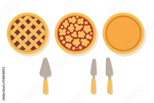 Collection of various sweet dessert pies including lattice and crumble crusts with serving utensils