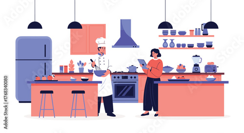 Chef and woman in kitchen preparing food with kitchen appliances and ingredients on counters.