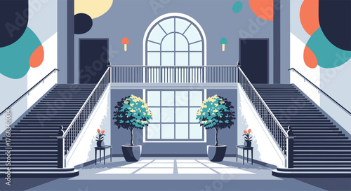 Pixel art illustration of a grand interior with dual staircases and large arched window.