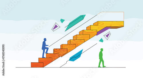 Two silhouettes climb and descend a stylized wooden staircase against a light blue background with geometric shapes.