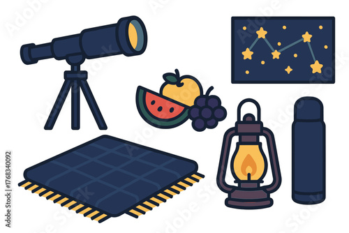 Essential equipment set for night picnic and outdoor stargazing adventure with telescope and map