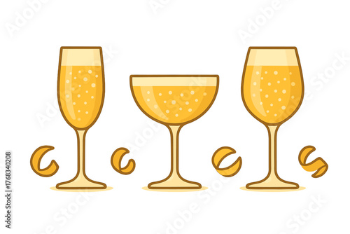 Set of three sparkling wine glasses with citrus peel garnish