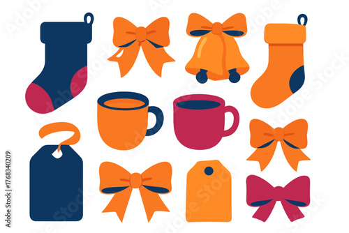 Colorful Christmas holiday objects collection including stockings bows bells mugs and gift tags
