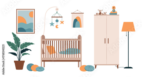 A cozy nursery room with a crib, wardrobe, plant, mobile, and floor lamp.