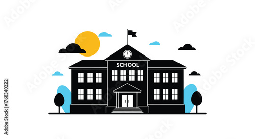 Stylized black silhouette of a school building under a bright sun with cartoon clouds and trees.