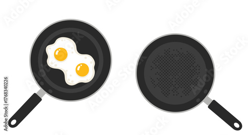 Overhead view of two frying pans, one with fried eggs and the other empty.