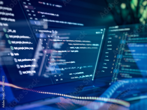 High-tech workspace with multiple monitors displaying source code, symbolizing modern software development, programming, and digital innovation.