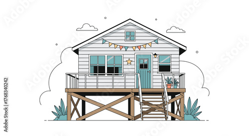 Illustration of a stilted beach house decorated with colorful bunting and plants.