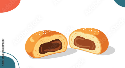 Two halves of a delicious chocolate filled bun sprinkled with sesame seeds on a white background.