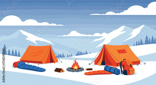 Winter camping scene with two orange tents, a campfire, sleeping bags, and backpacks in a snowy mountain landscape.