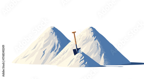 A shovel is stuck in a large pile of white salt or snow, suggesting a large task or ongoing work.