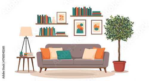 Cozy living room with a sofa, bookshelves, and a potted tree.