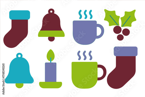 Colorful set of Christmas holiday symbols including stockings, bells, hot mugs, candle, and holly berries