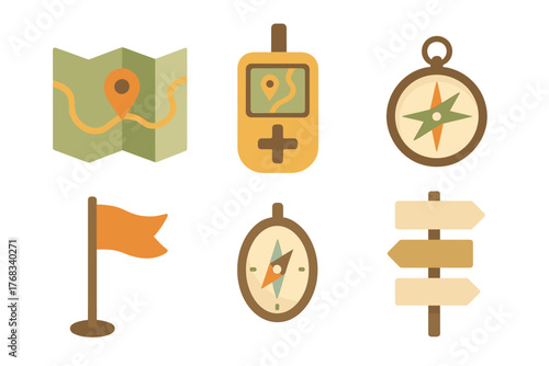 Outdoor adventure and navigation tools set featuring map, GPS, compasses, flag, and signpost