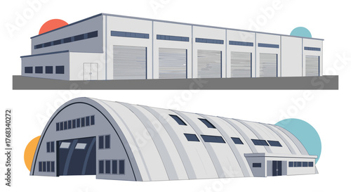 Two industrial buildings, a rectangular warehouse and a Quonset hut, are depicted in a flat illustration.