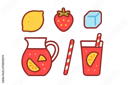 Refreshing summer drink elements including lemonade pitcher, glass, lemon, strawberry, and ice