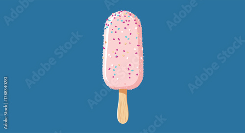 A light pink ice cream bar covered in colorful sprinkles on a blue background.