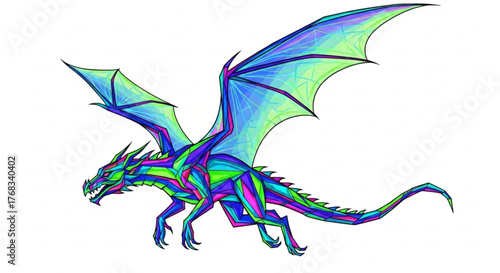 A majestic dragon with iridescent scales and powerful wings, soaring through the sky with an aura of mystique and strength