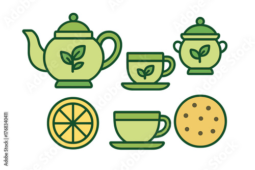 Green tea service set with teapot, teacups, sugar caddy, fresh lemon slice, and round cookie