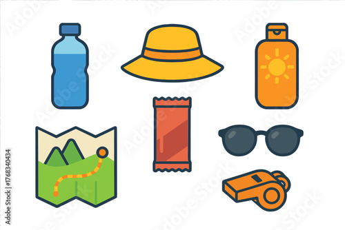 Collection of outdoor adventure essentials including water bottle sun hat map and safety whistle