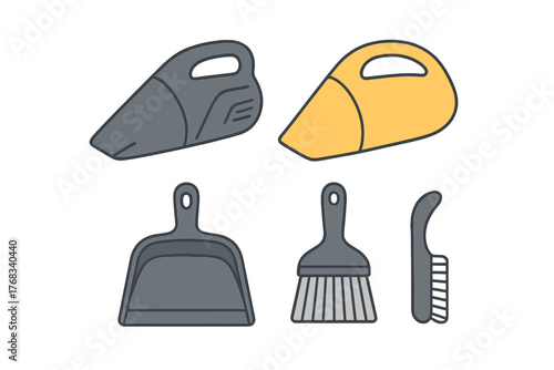 Household cleaning supplies set featuring portable vacuum cleaners, dustpan, and small hand brushes