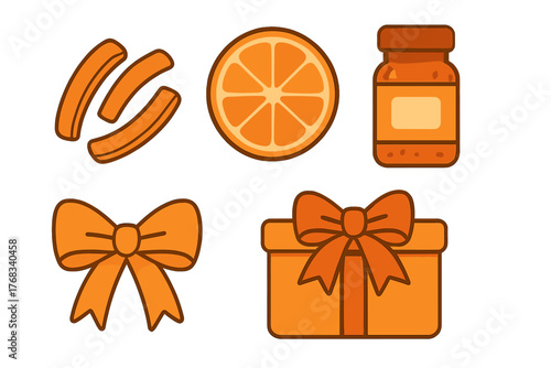Vibrant orange citrus fruit, sweet jam preserves, ribbon bow, and holiday gift elements