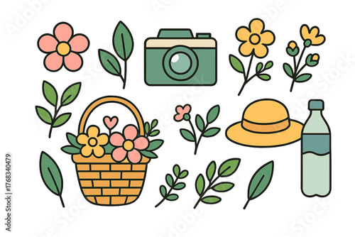 Cute collection of spring and summer elements: flowers, leaves, picnic basket, camera, and sun hat