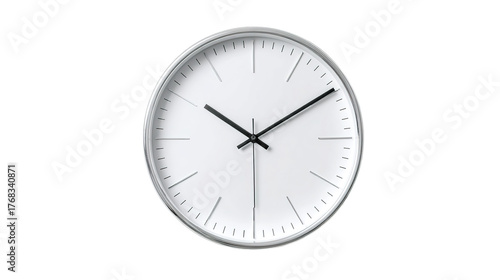 Classic roman numeral wall clock depicting time, wood finish on a white background signifying punctuality