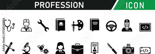 Profession glyph icon set. Including Doctor, Engineer, Teacher, Chef, Police Officer, Firefighter, Artist, Scientist, Builder, Pilot. Vector silhouette illustration