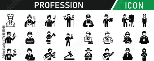Profession glyph icon set. Including Doctor, Engineer, Teacher, Chef, Police Officer, Firefighter, Artist, Scientist, Builder, Pilot. Vector silhouette illustration