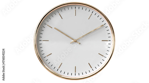 Classic roman numeral wall clock depicting time, wood finish on a white background signifying punctuality