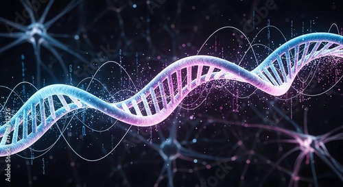 Glowing digital DNA helix with neural connections, concept of genetics, biotechnology and artificial intelligence integration