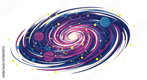 A captivating spiral galaxy illustration, showcasing cosmic beauty with swirling arms, vibrant colors, and distant planets