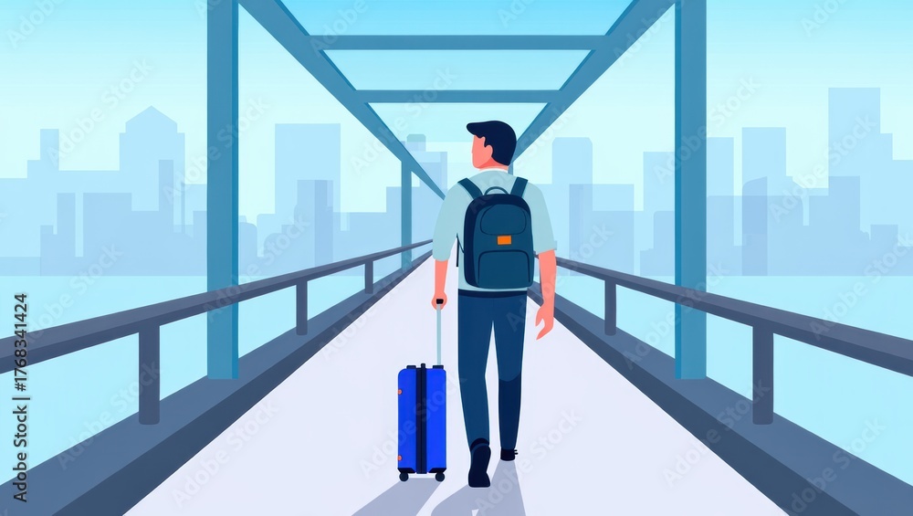 Fototapeta premium Man walking on a bridge with a suitcase, symbolizing travel and adventure