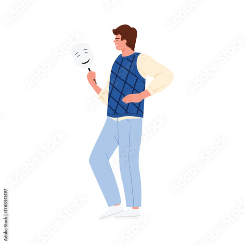 Young man holding smiling mask standing isolated on white background concept vector illustration