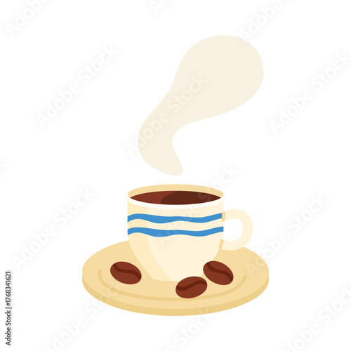 Isolated Swedish style coffee cup with blue waves, hot steam, and coffee beans vector illustration