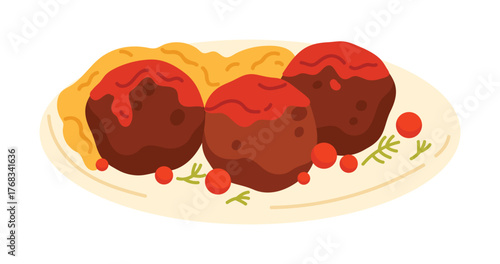 Classic Swedish meatballs with sauce and lingonberries on a white isolated background vector illustration