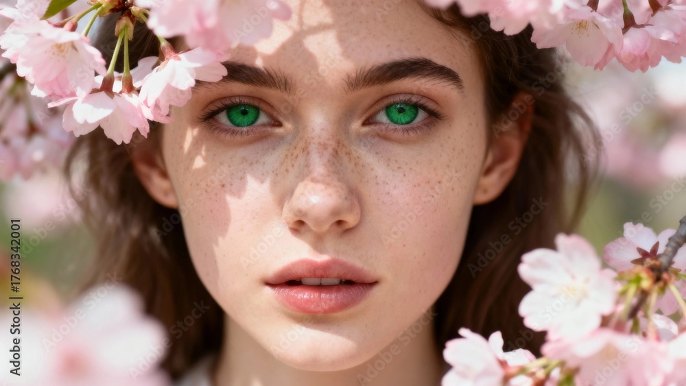 Obraz premium Close-up of a young woman with green eyes and freckles framed by pink cherry blossoms in a natural outdoor setting