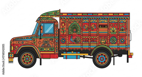 Intricate and vibrant pakistani truck art, , showcasing a rich cultural heritage through detailed floral and geometric patterns
