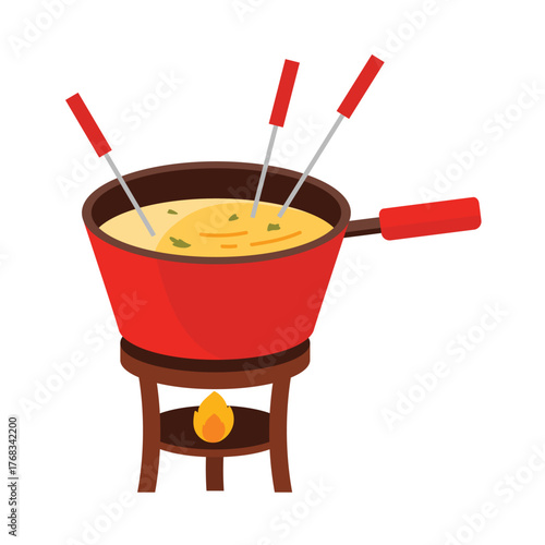Traditional Swiss cheese fondue in red pot with forks on white isolated background vector illustration