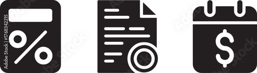 Calculator with percentage sign document with stamp and calendar with dollar sign icons